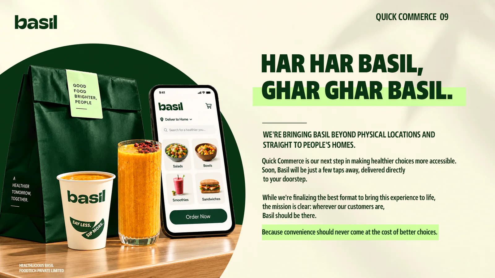 Basil presentation slide: Har har Basil, ghar ghar Basil — quick commerce