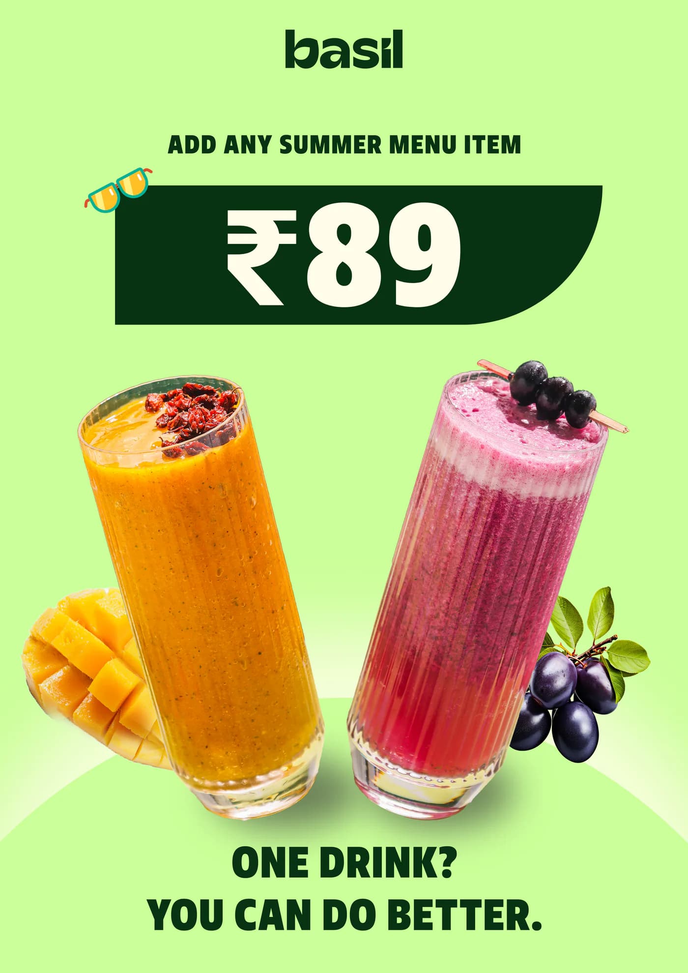 Basil ₹89 summer menu poster
