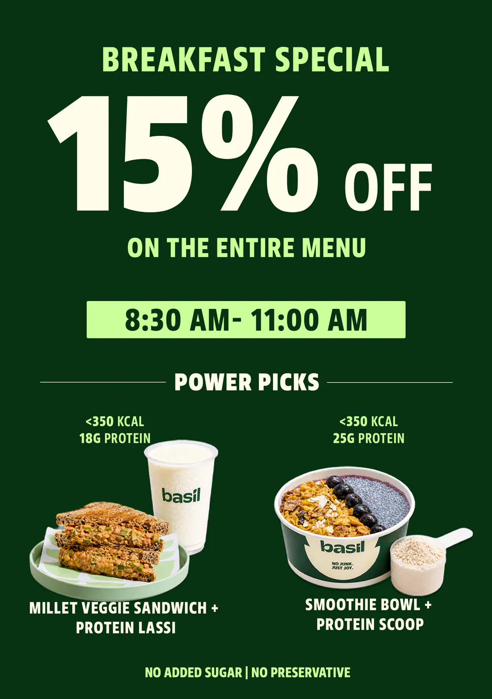 Basil tent card: 15% off breakfast special