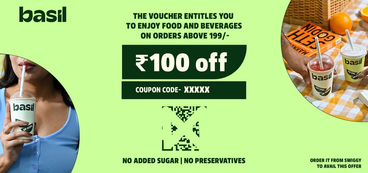 Basil ₹100 off voucher with QR code