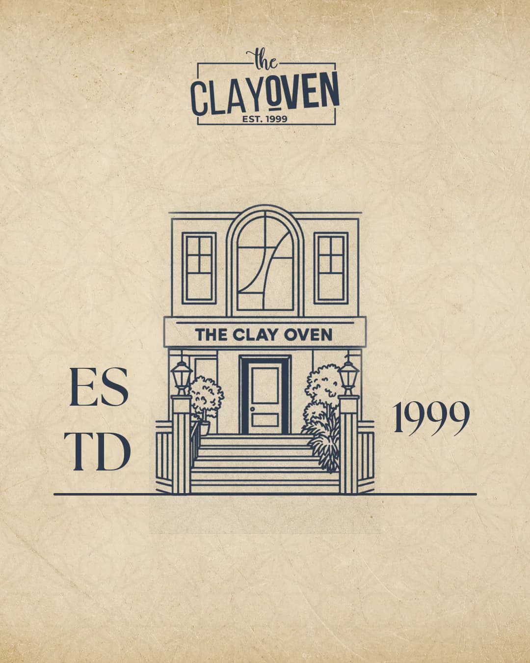 Illustrated Clayoven restaurant façade with the ESTD. 1999 identity