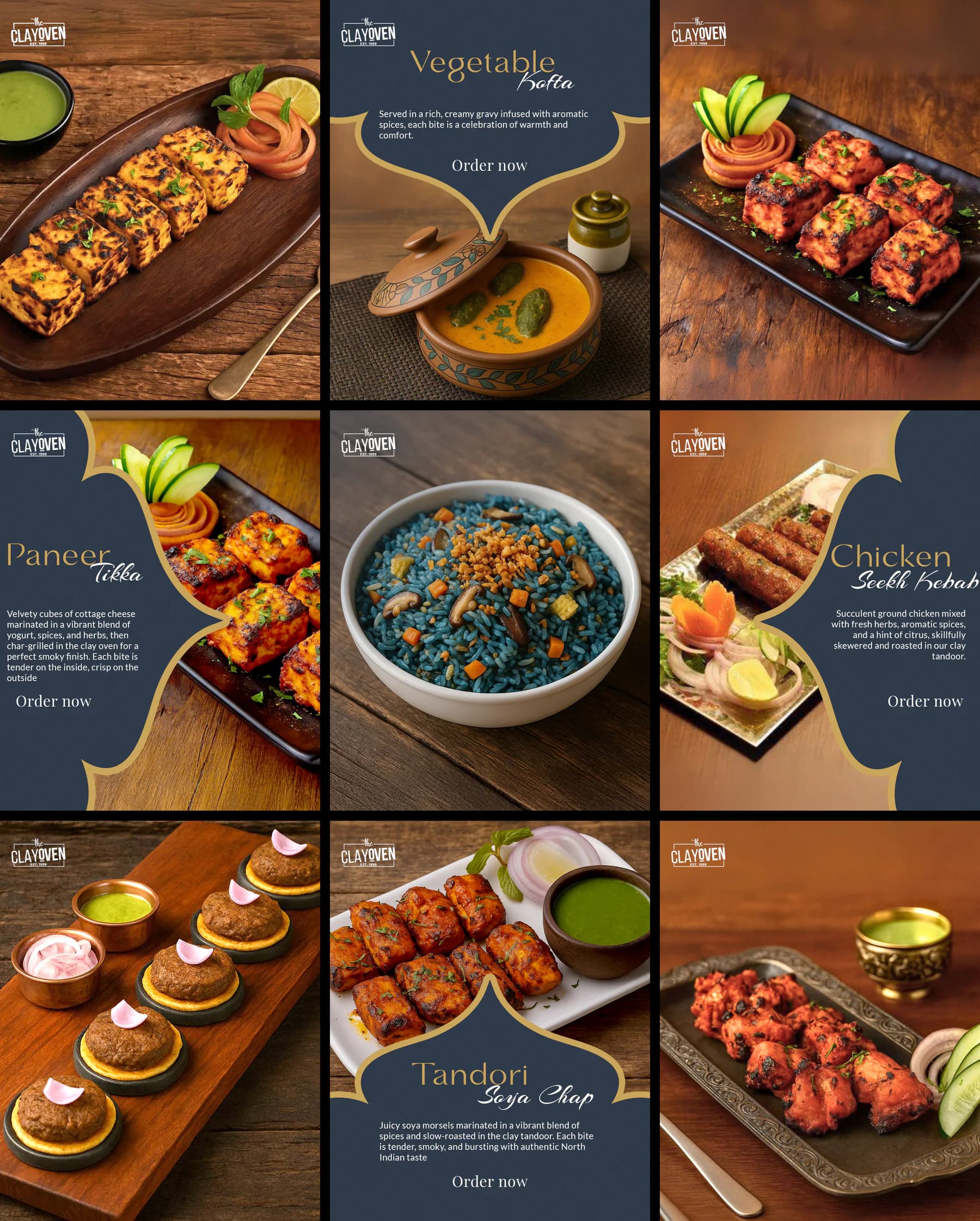 Clayoven social grid 01: a 3 × 3 grid of food and identity posts