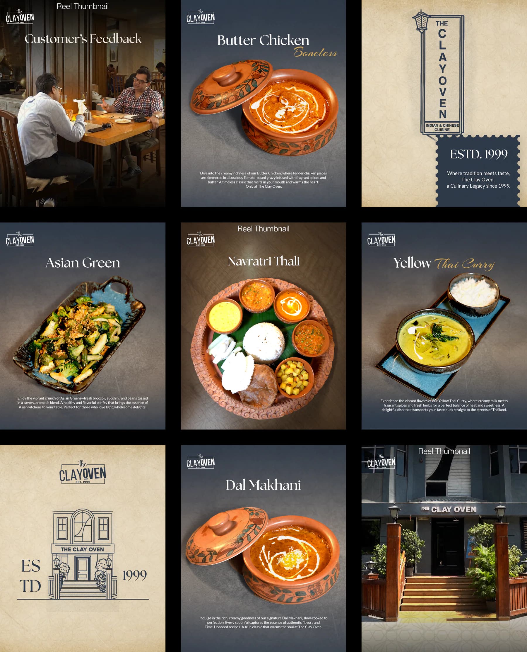 Clayoven social grid 02: dish cards, heritage marks and the restaurant exterior