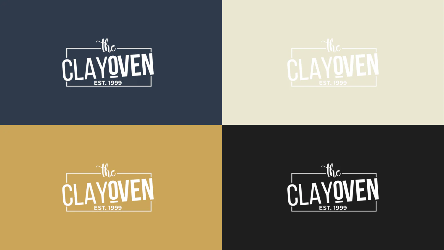 The Clayoven logo locked up on each of the four brand colours: navy, cream, gold and black