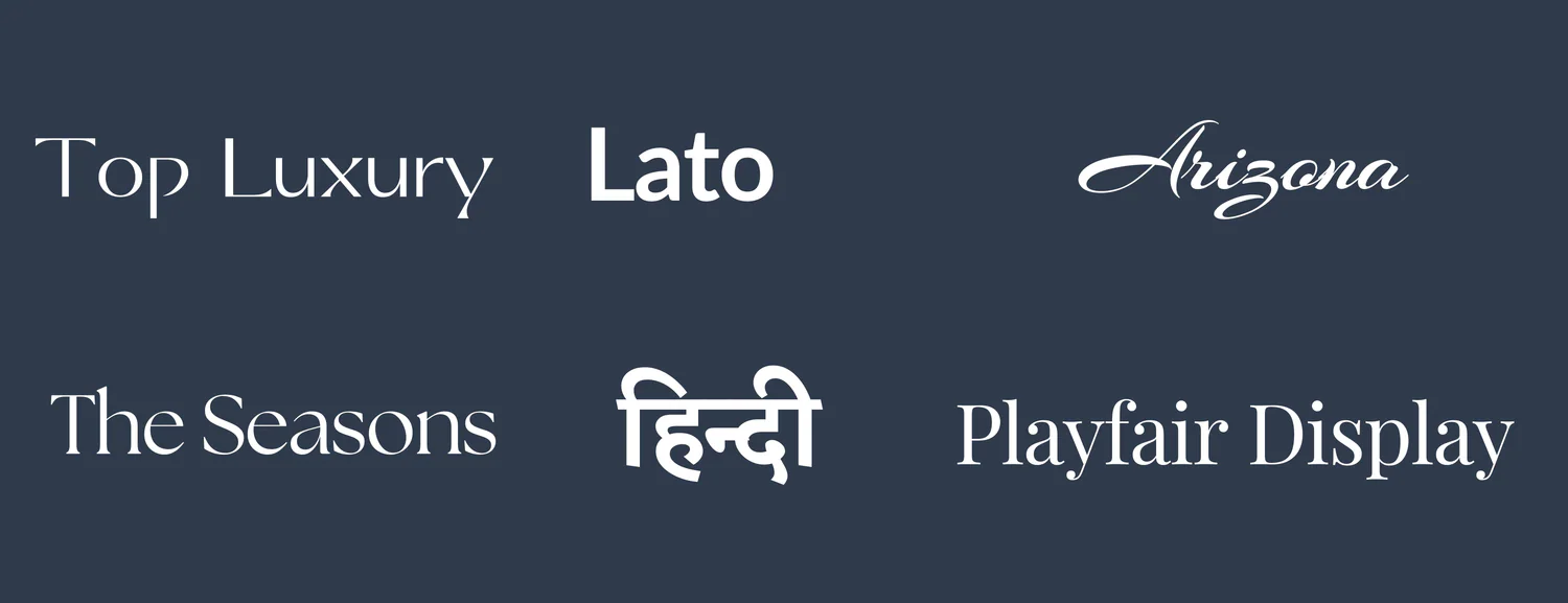 Clayoven typography: Top Luxury, Lato, Arizona, The Seasons, Playfair Display