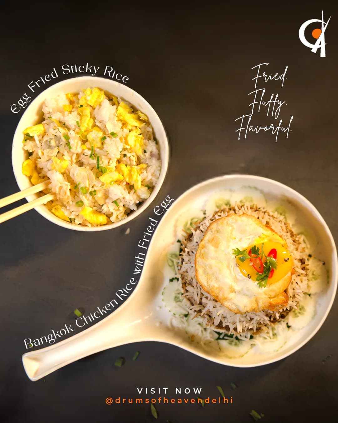 Drums of Heaven: egg fried sticky rice and Bangkok chicken rice
