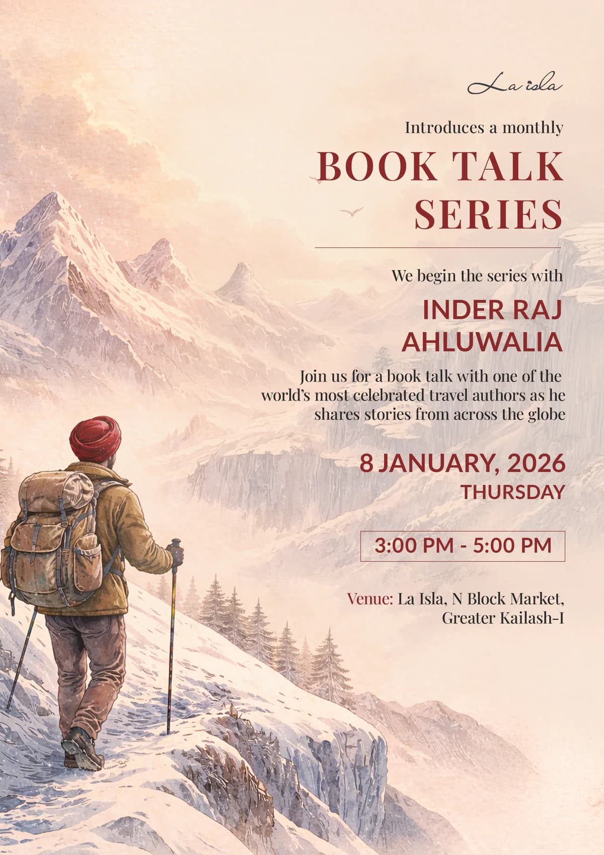 La Isla Book Talk Series invitation, soft illustrated Himalayan direction