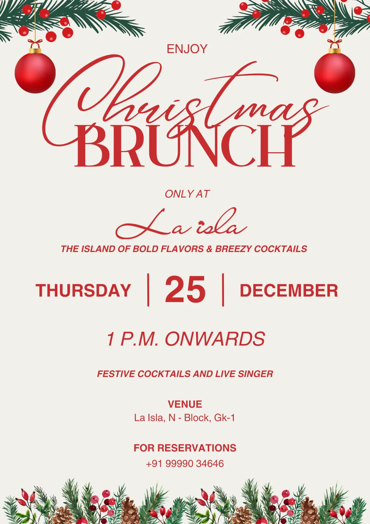 La Isla Christmas brunch invitation, red botanical direction