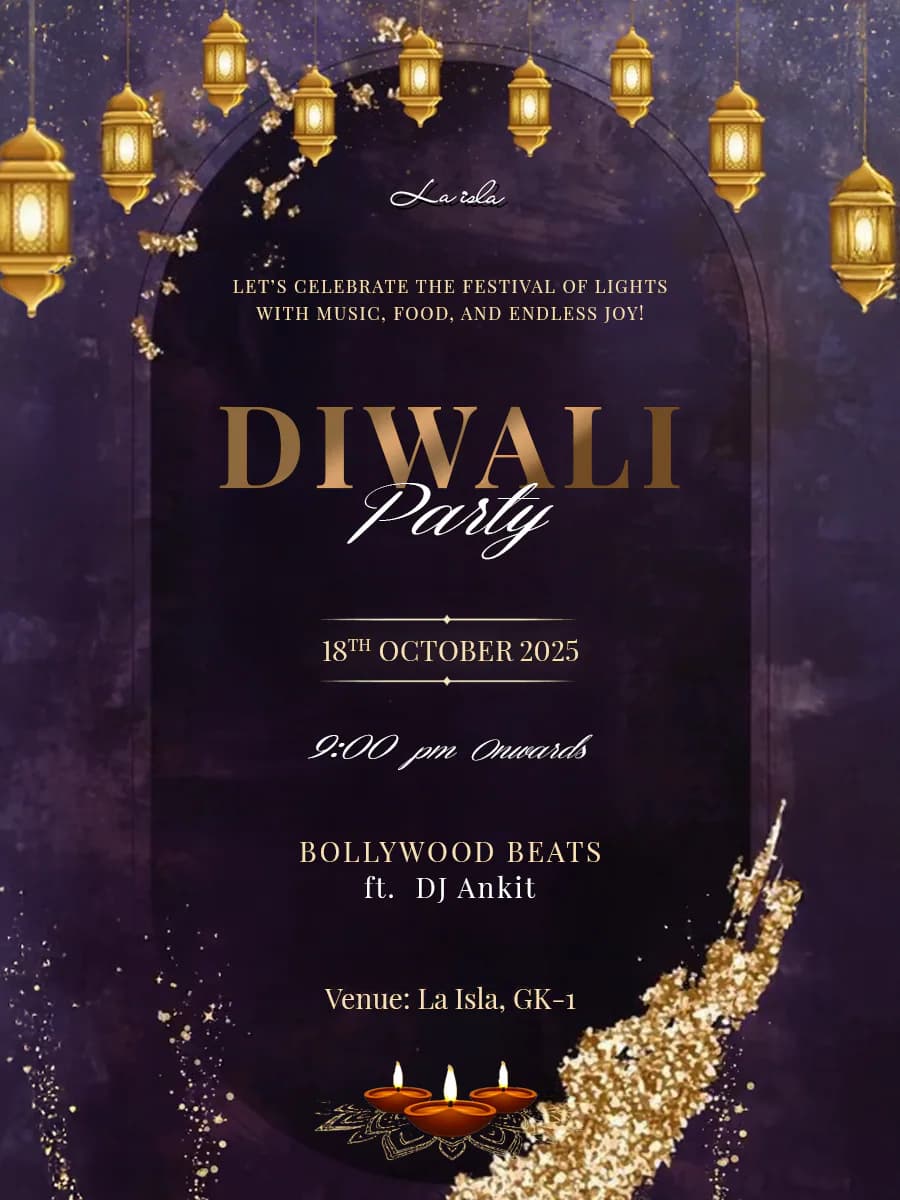 La Isla Diwali party invitation, dark purple and gold