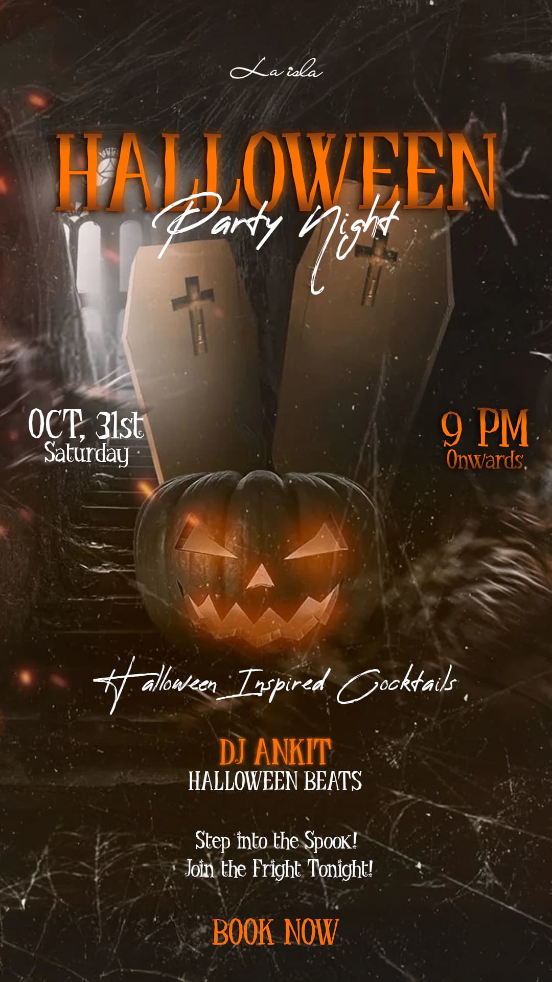 La Isla Halloween party night poster, dark and theatrical