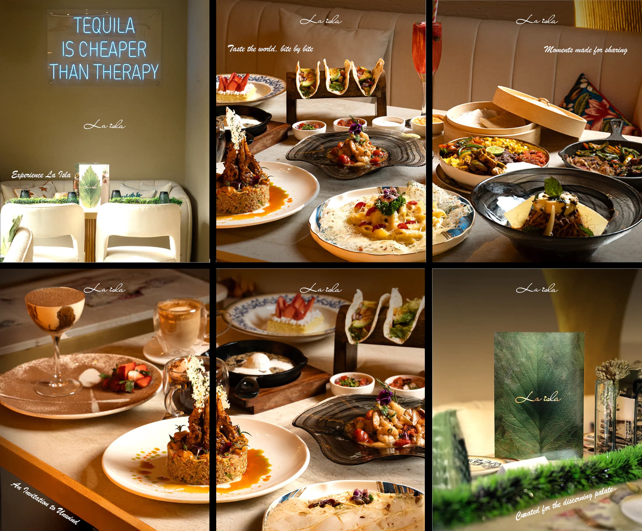 La Isla everyday-brand grid: a neon-lit corner, shared plates, dessert and the leaf-green menu