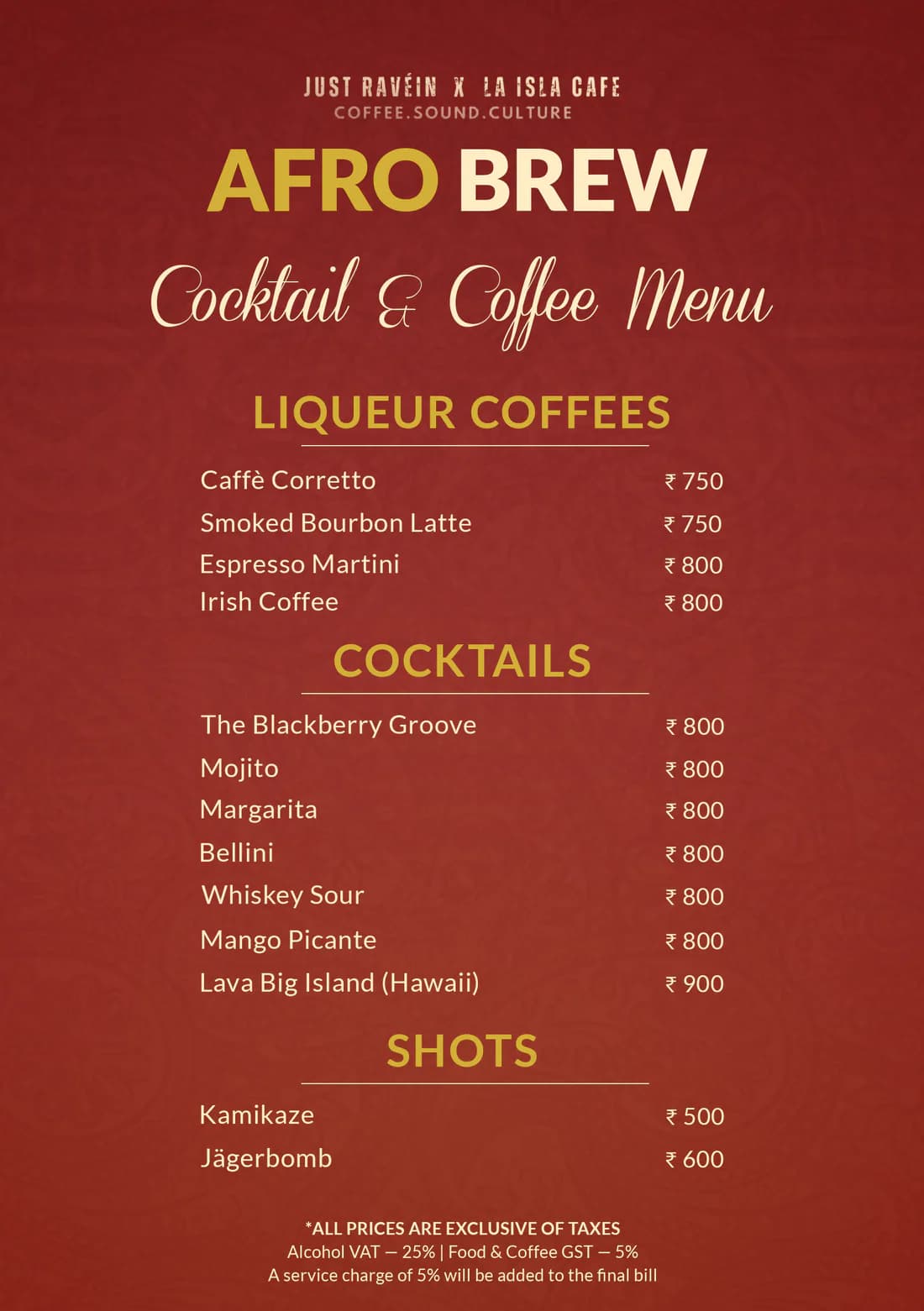 La Isla Afro Brew cocktail and coffee menu