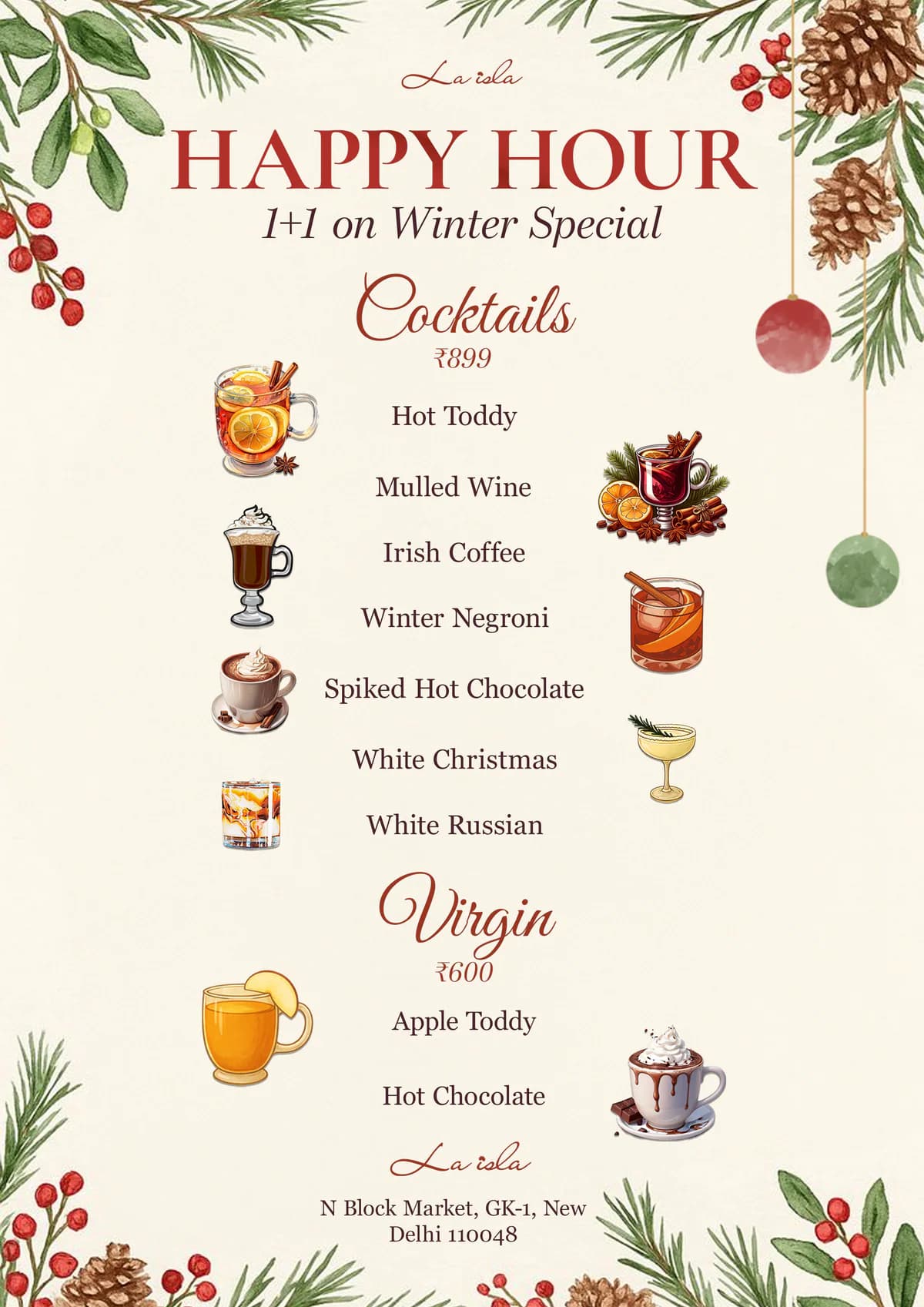 La Isla: 1+1 winter cocktail happy hour tent card