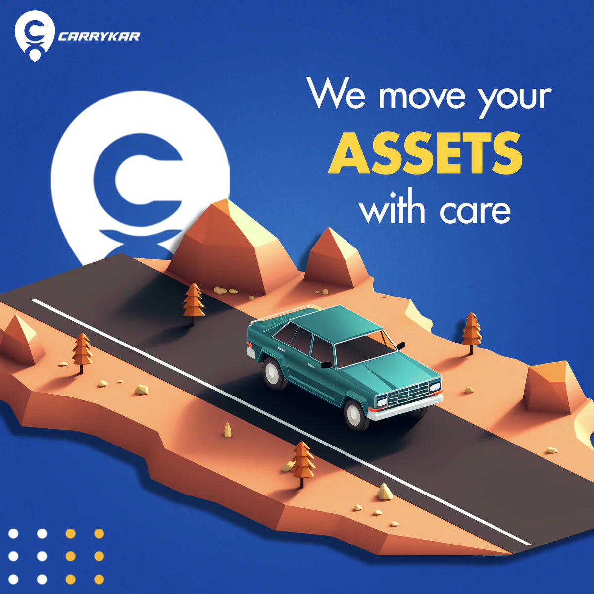 CarryKar: a low-poly car on a desert road — we move your assets with care