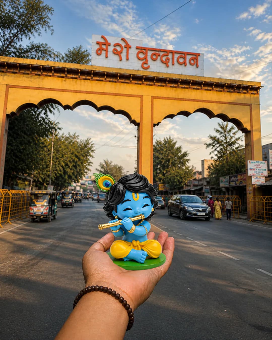 Vrindavan visual: a Krishna figurine held up on a street